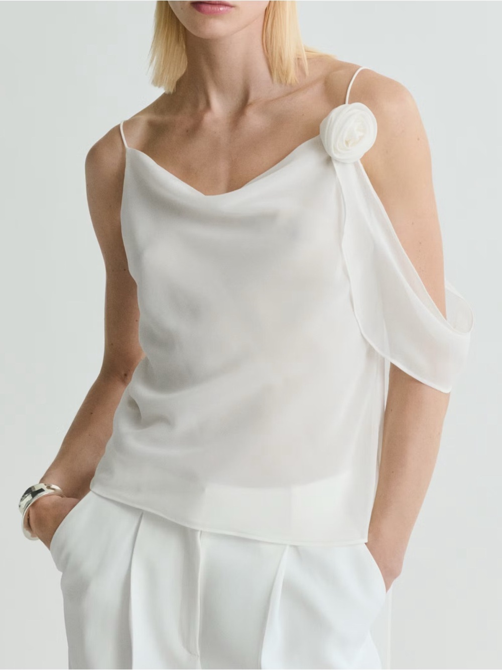 Mango White Draped Top with Flower Detail NWT L